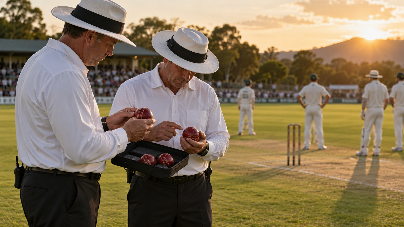 Cricket umpires comparing several used balls beside the pitch