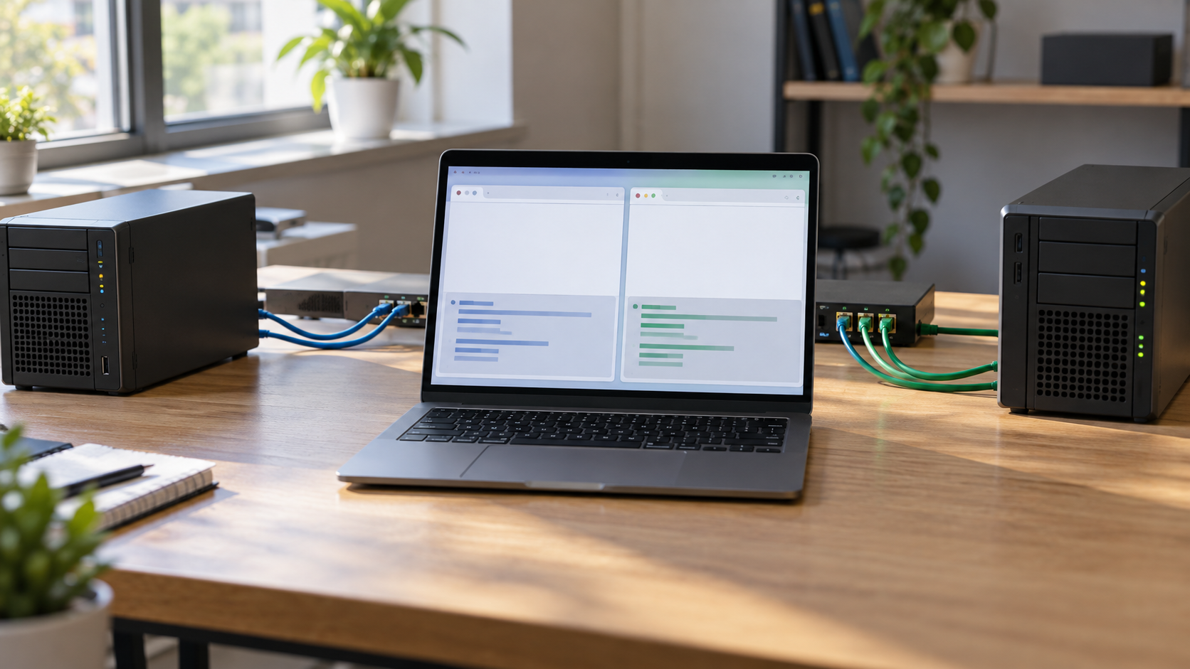 A web-development laptop connected to two separate server appliances