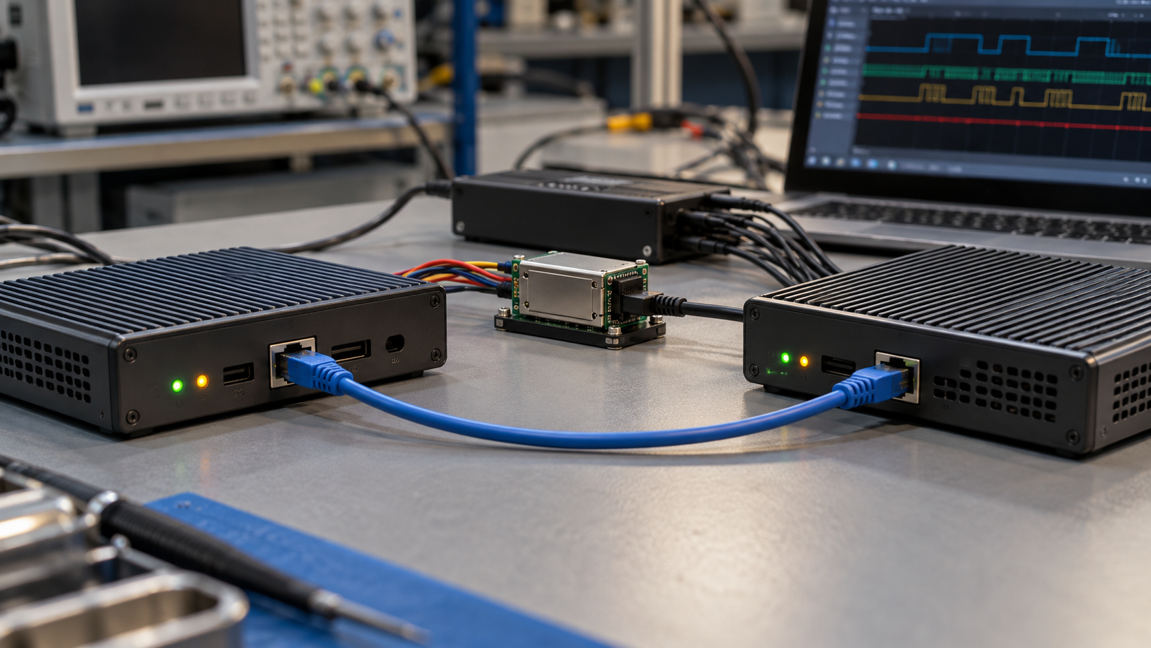 Two network appliances and a cryptographic module on a cybersecurity test bench