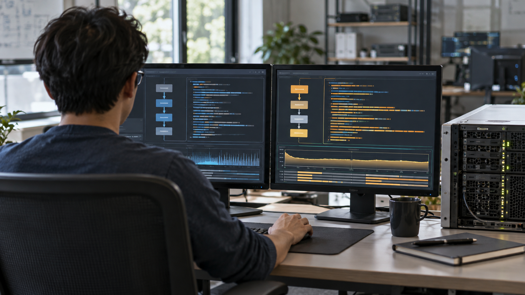 A developer comparing abstract runtime and optimization views beside a compute server