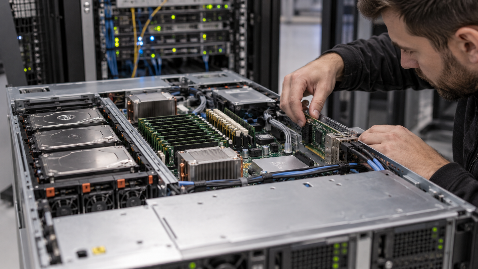 A technician inspecting storage, memory, and network hardware inside an open server