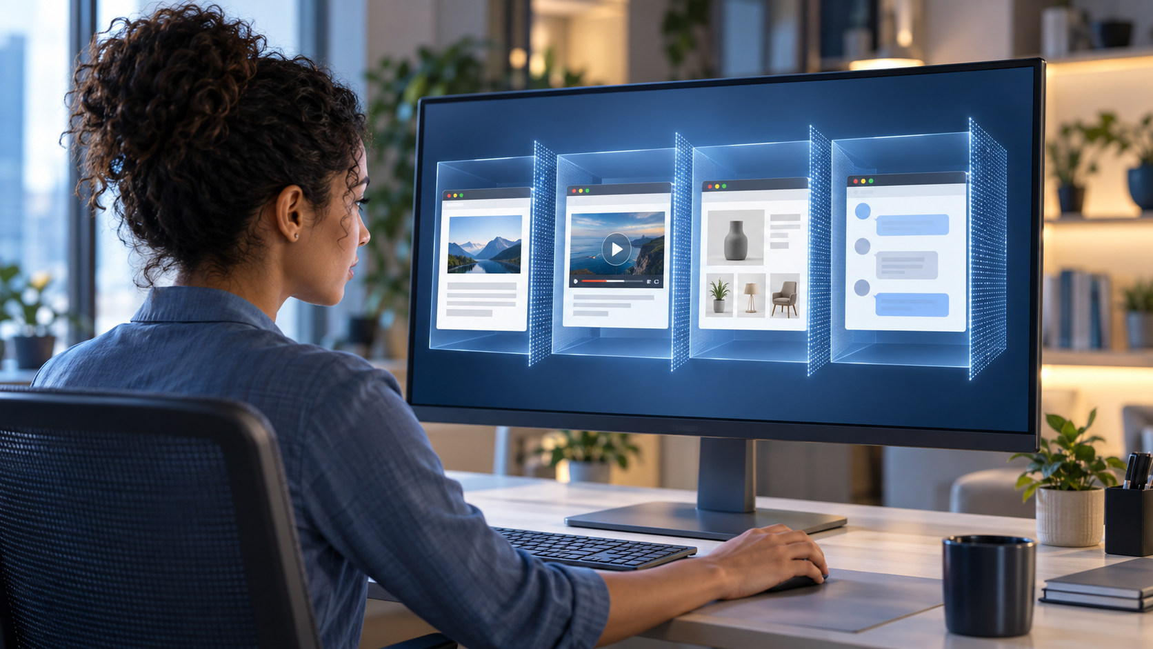 Professional viewing isolated browser content compartments on a desktop monitor