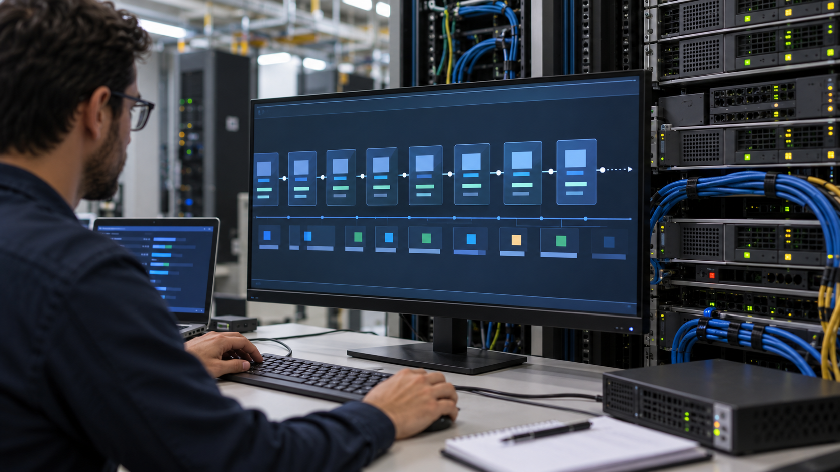 Technician reviewing a sequence of digital certificate records on a monitor in a server room