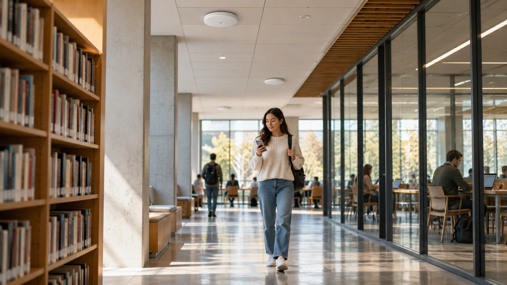 Person using a phone while walking beneath several wireless access points in a library