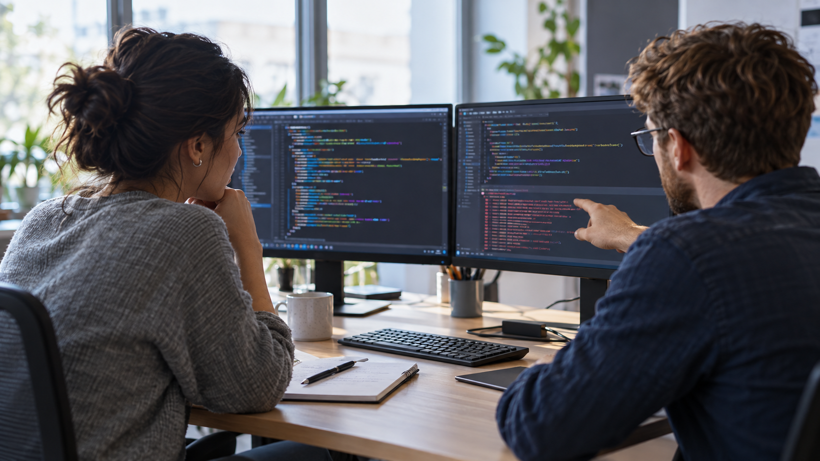 Two software developers reviewing code and error indicators on large monitors