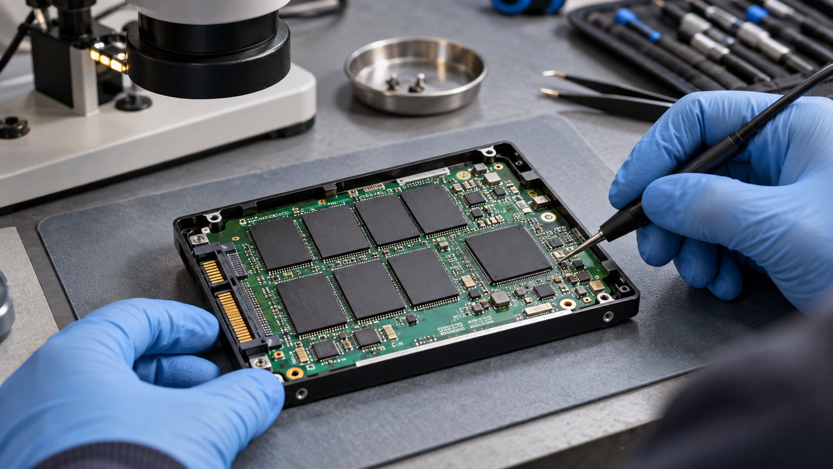 Open solid-state drive showing memory packages and controller components on a workbench