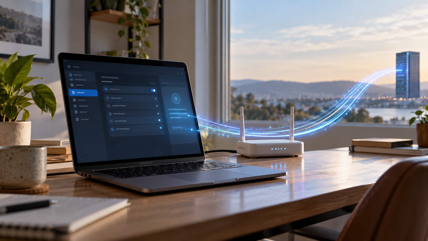 Laptop and home router illustrating an encrypted DNS over HTTPS connection