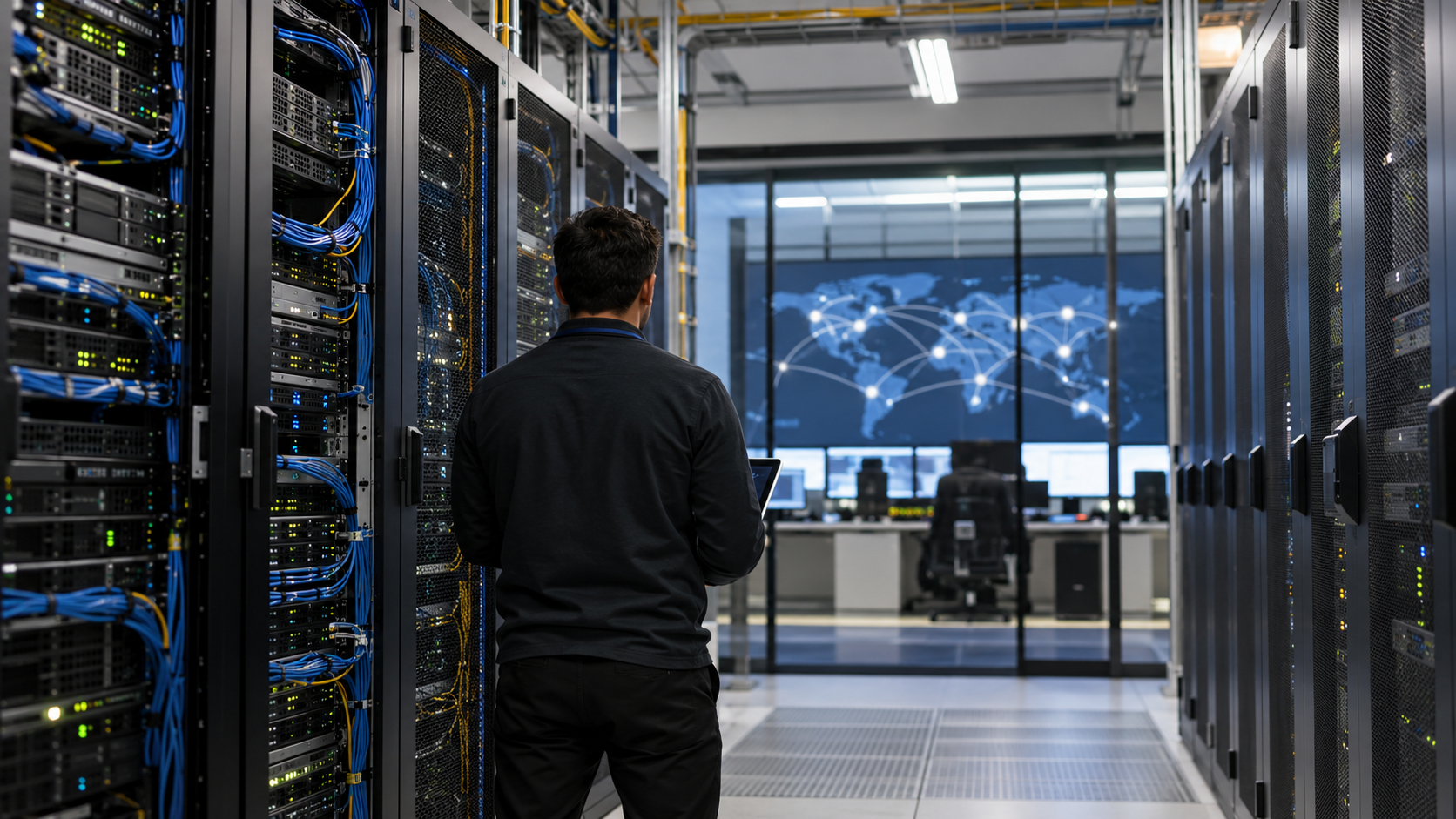 Technician in a data center illustrating distributed content delivery network servers