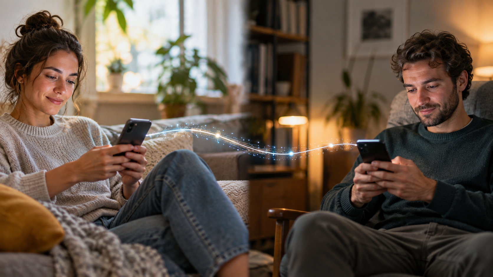 Two people using smartphones to illustrate an end-to-end encrypted conversation