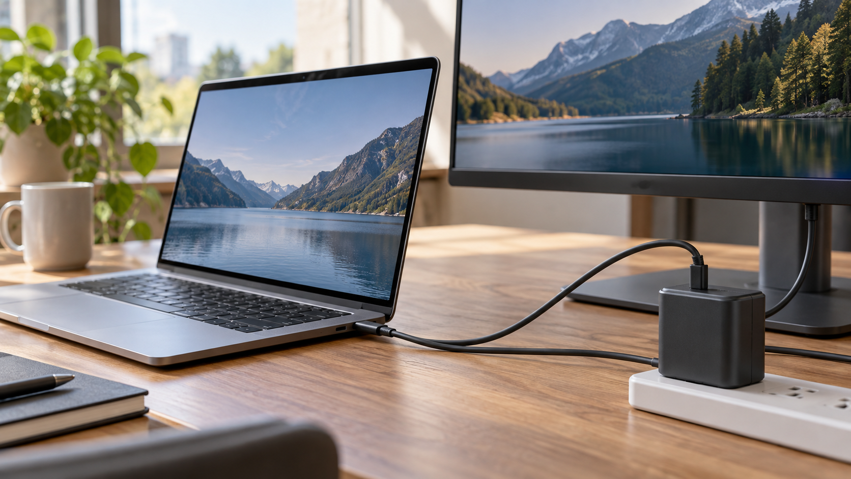 Laptop, monitor, USB-C cable, and charger illustrating USB Power Delivery