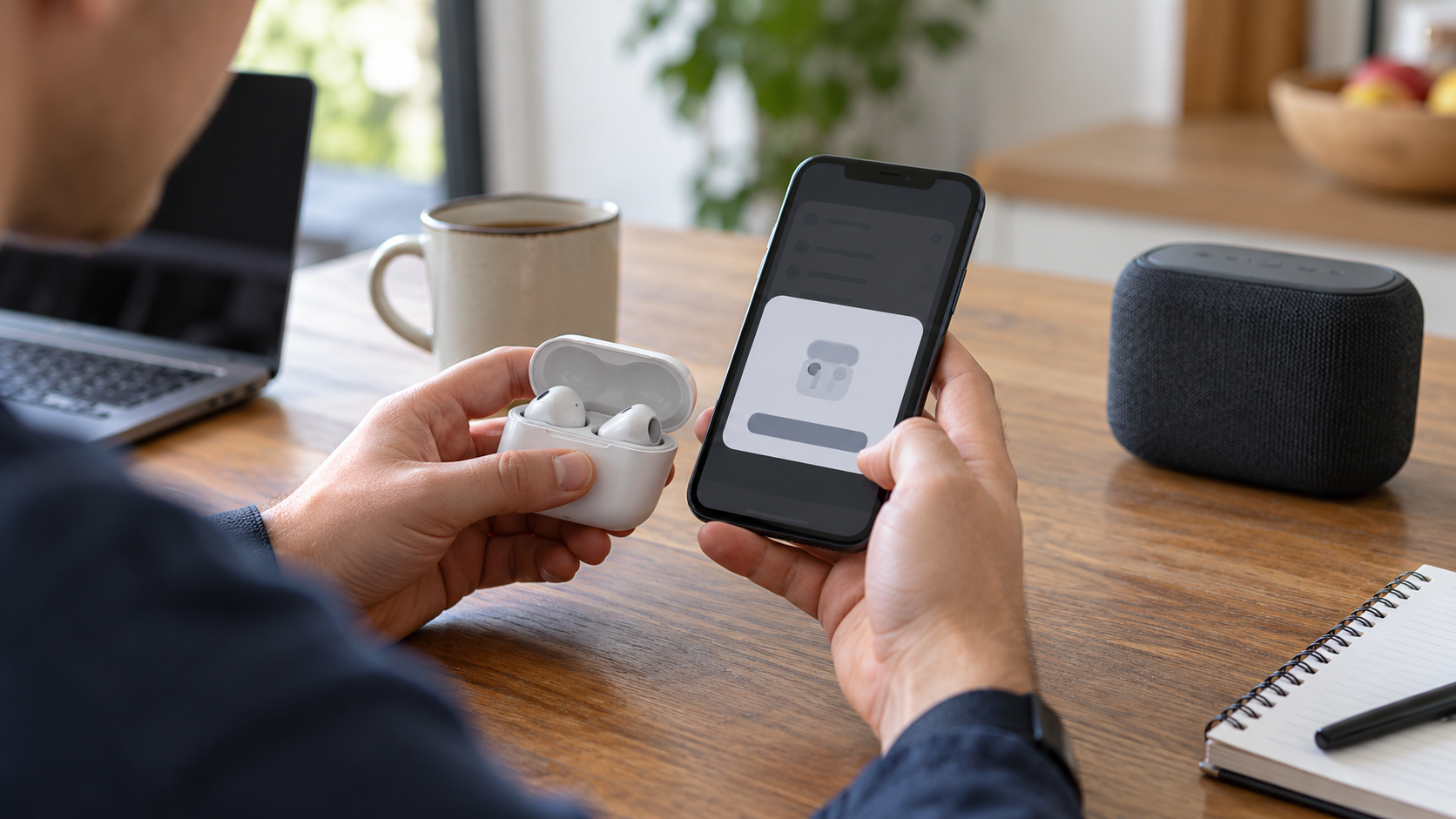 Person pairing generic wireless earbuds with a smartphone beside a speaker