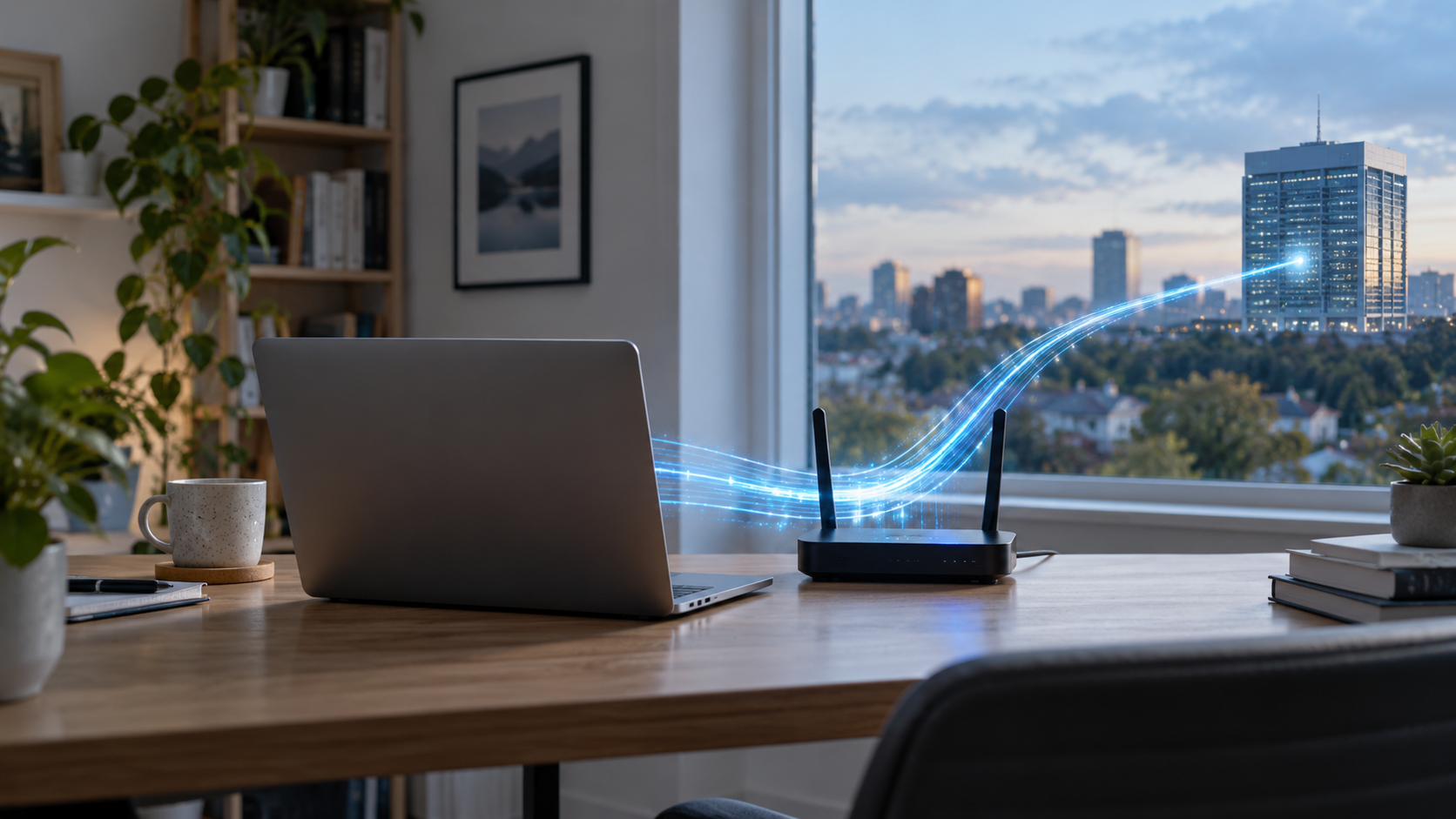 Laptop and home router illustrating a protected virtual private network connection