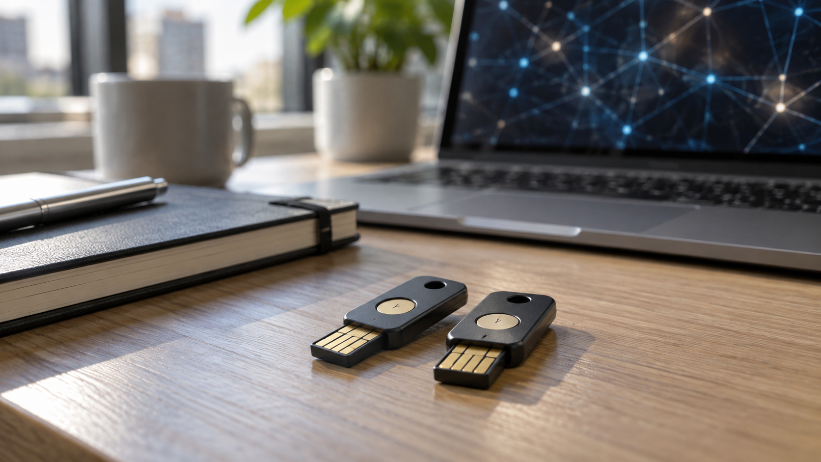 Two unbranded hardware security keys beside a laptop representing a public and private key pair