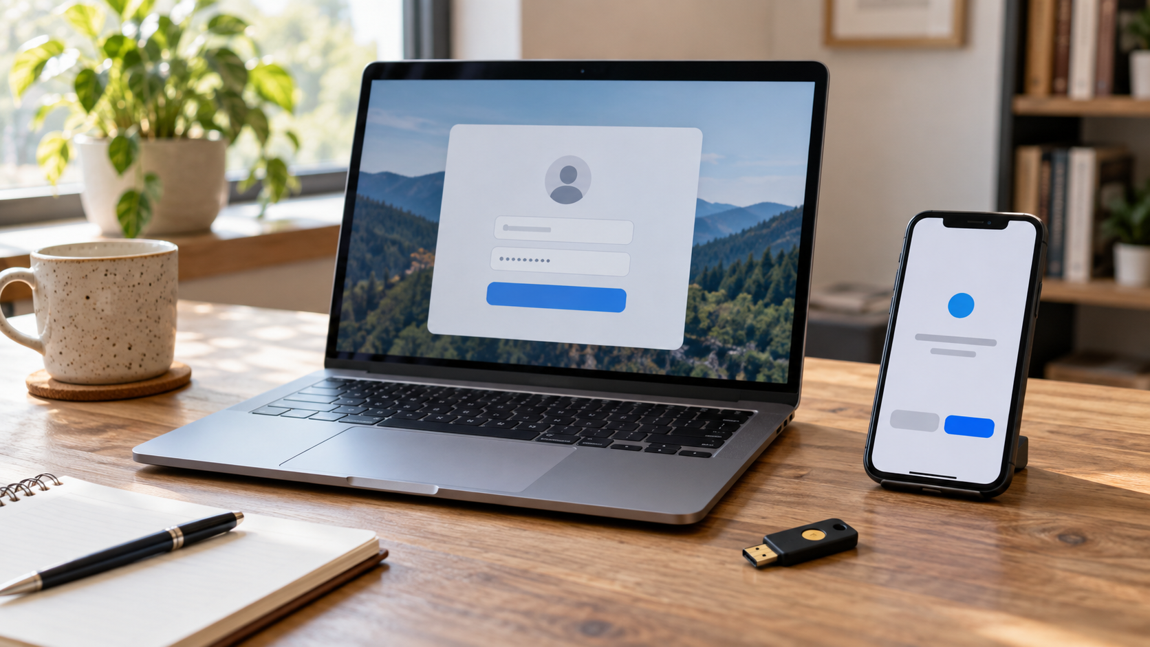 Laptop, smartphone, and hardware security key arranged for two-factor authentication