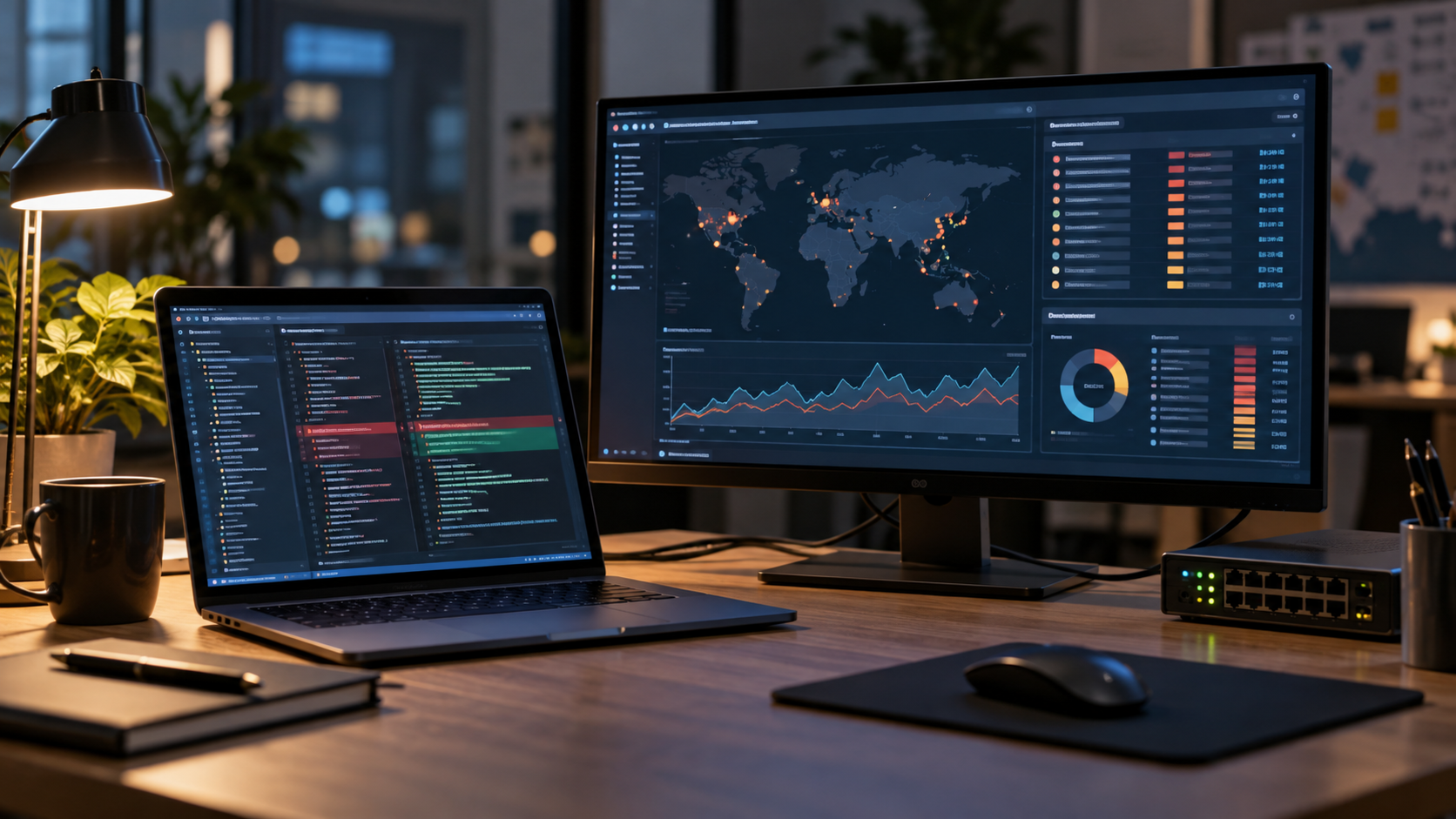 Security operations workstation monitoring software vulnerabilities on two screens