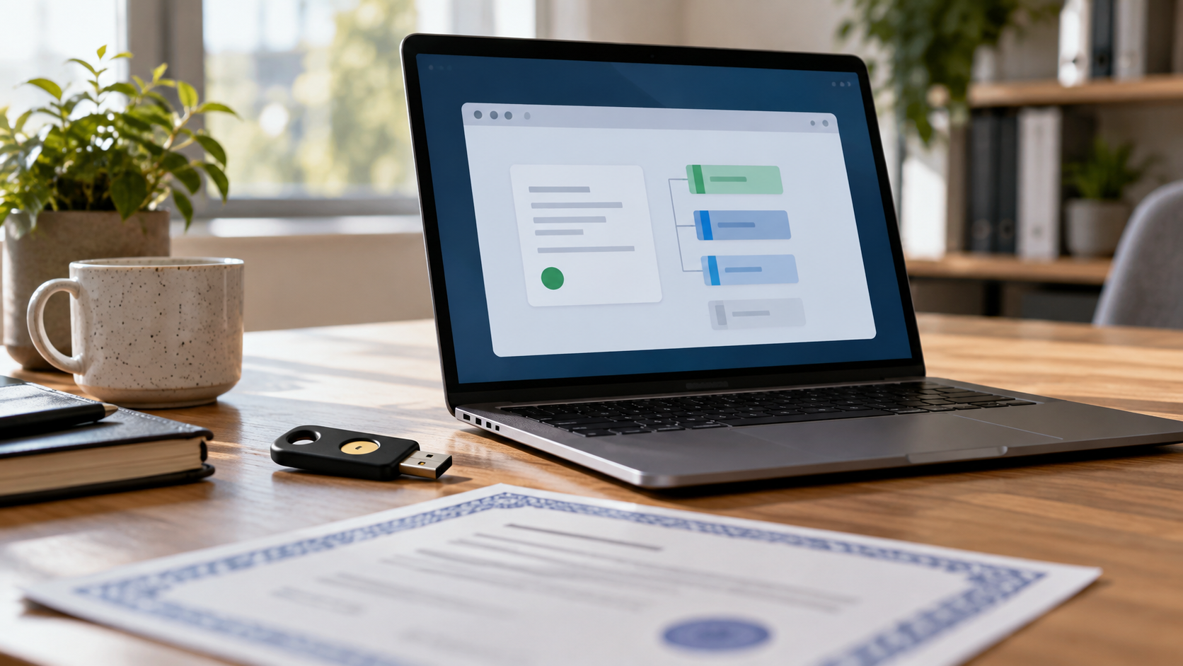 Laptop, security key, and blurred certificate document illustrating digital certificate validation