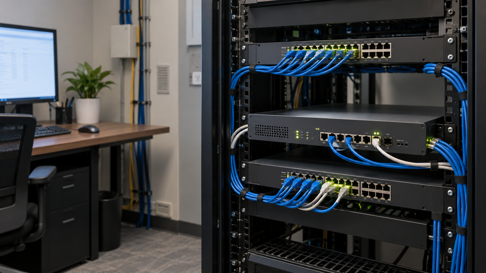 Unbranded firewall appliance installed between switches in a professional network rack