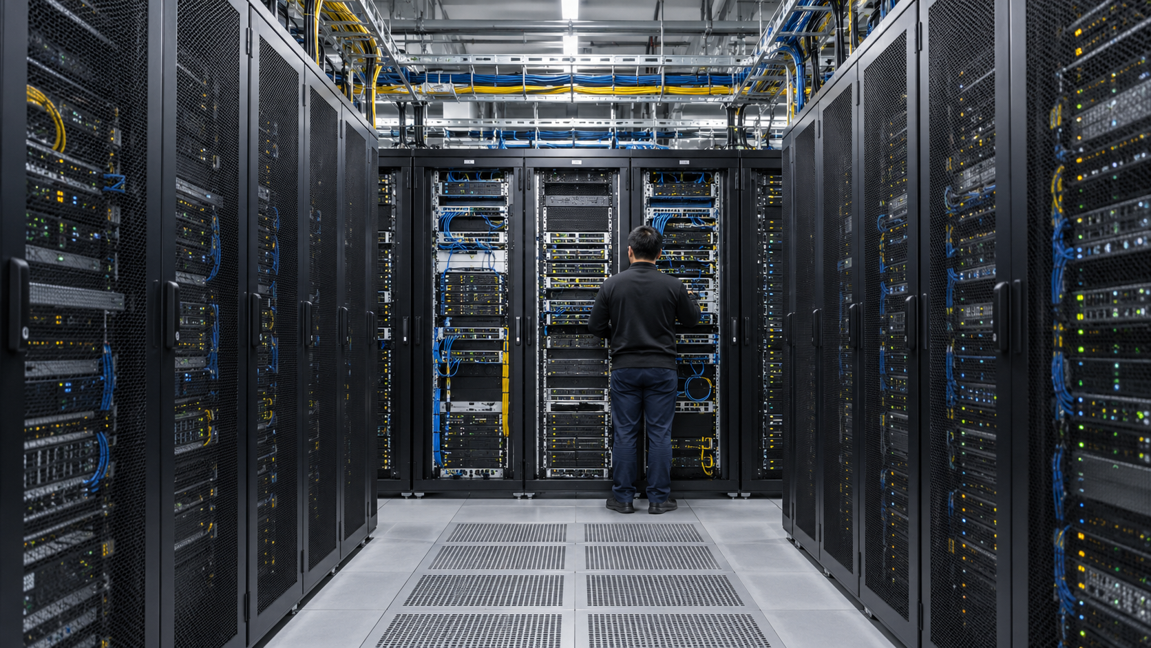 Technician inspecting rows of server racks inside a modern cloud data center