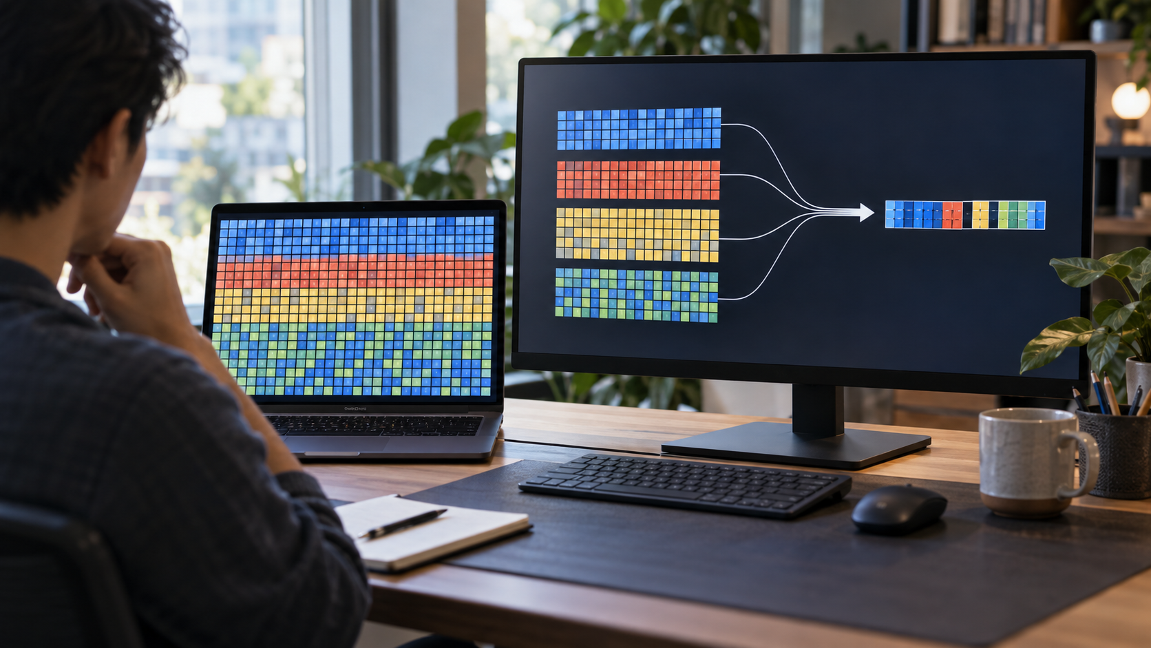 Workstation screens illustrating repeating data blocks condensed into a smaller ordered sequence