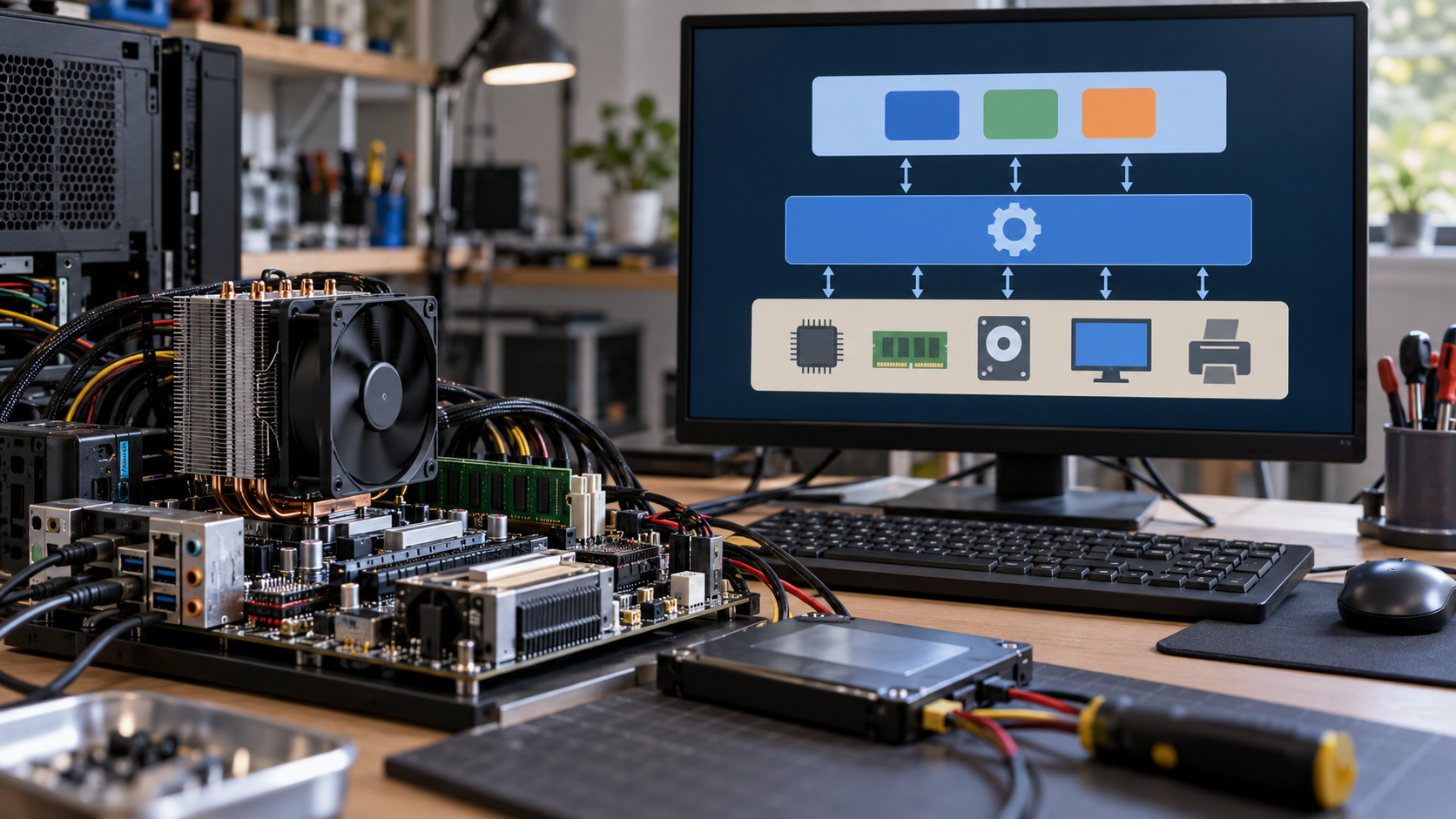 Open computer test bench and monitor illustrating the operating system kernel between applications and hardware