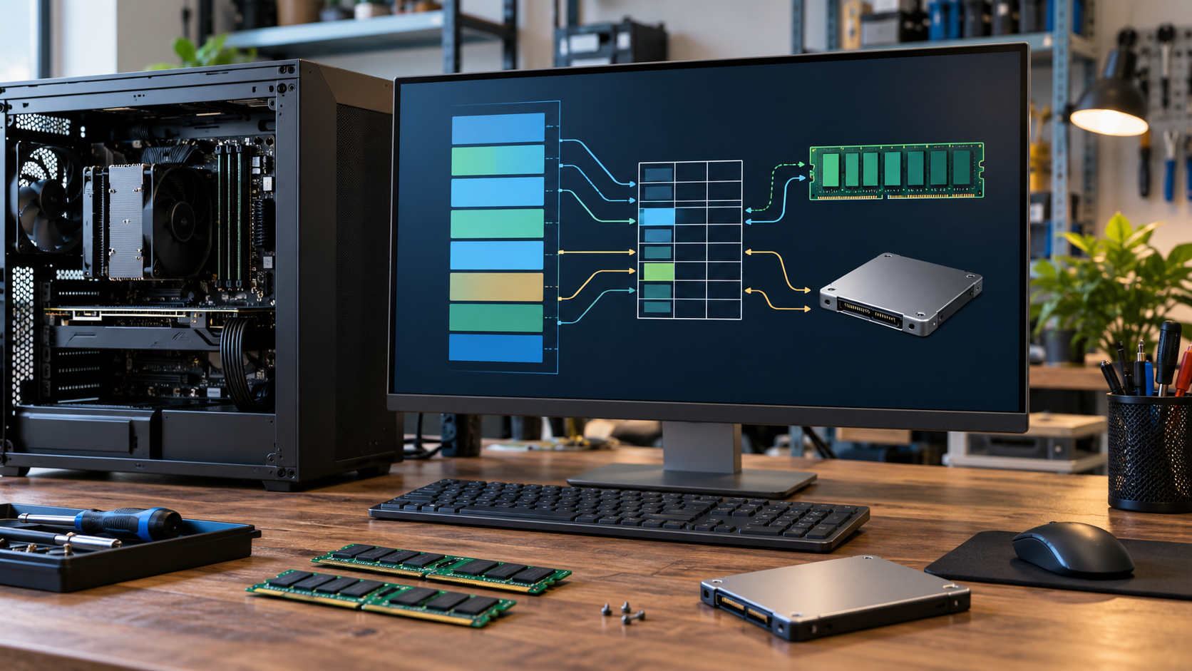 Computer workstation showing abstract memory mapping beside RAM modules and solid-state drives