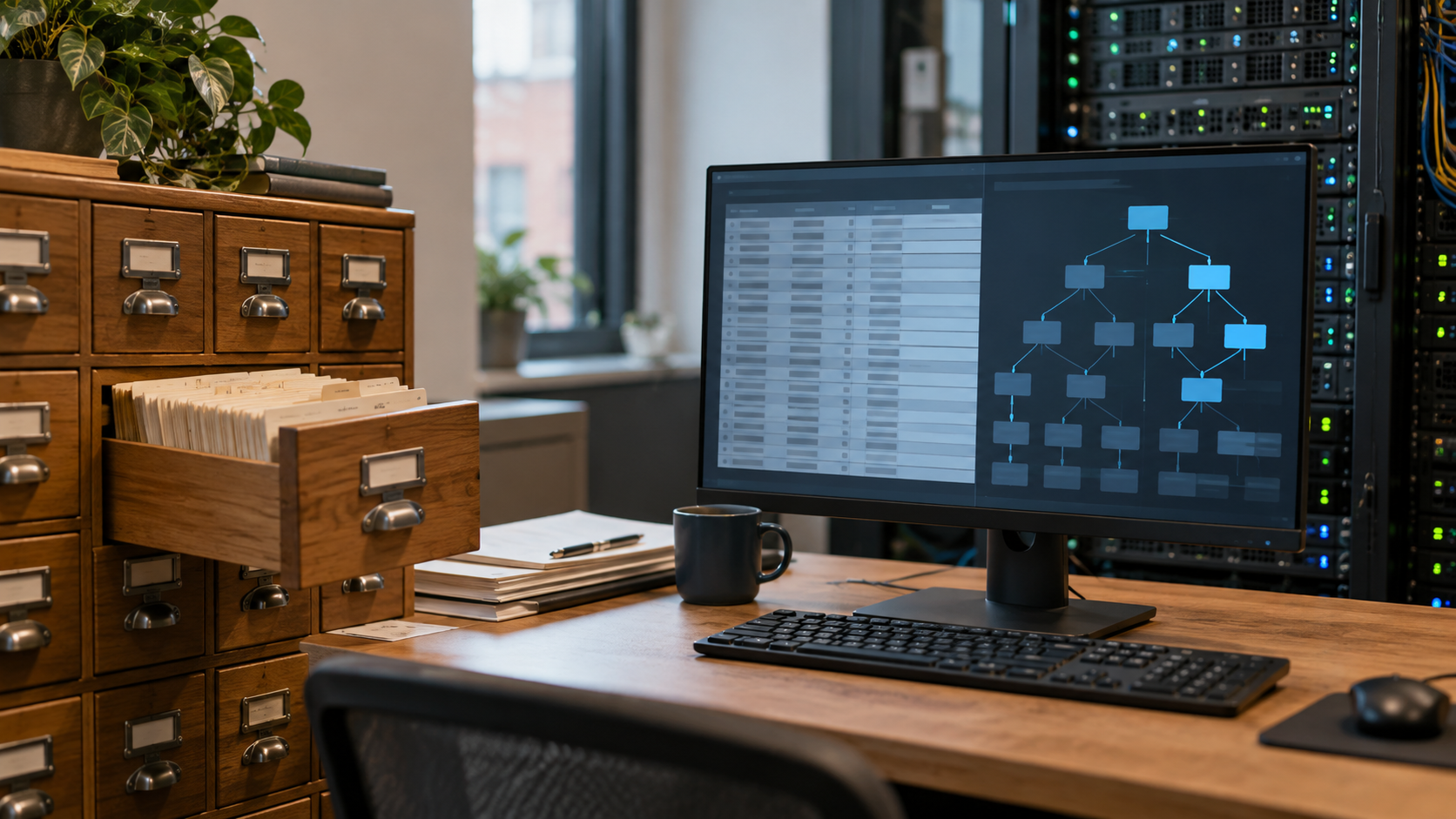 Database workstation with card catalog drawers and an abstract branching index display
