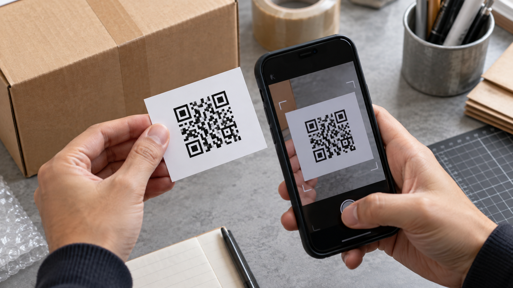 Smartphone scanning a generic nonfunctional QR-like pattern on a package workbench