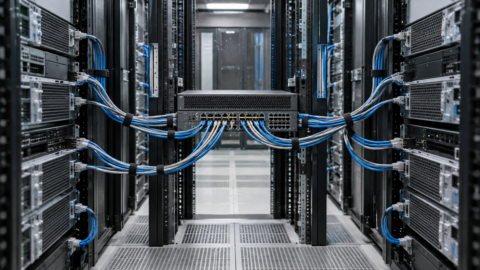 Central network appliance distributing organized cables across multiple server racks
