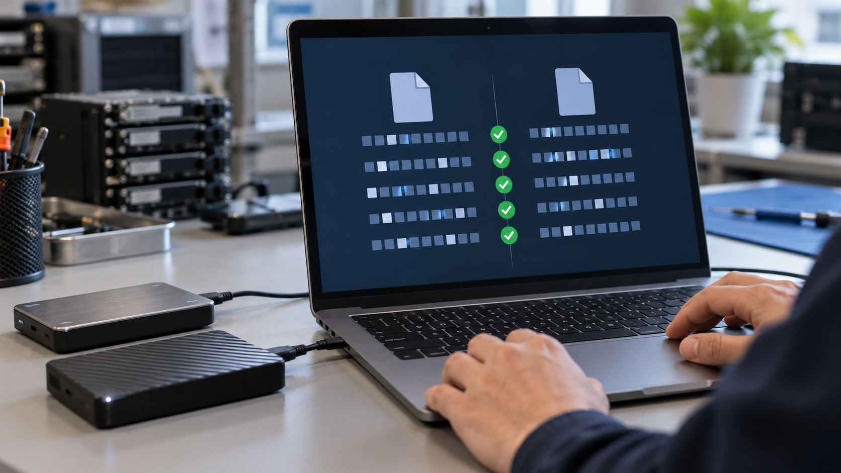 Technician comparing storage devices at a workstation with an abstract checksum verification display