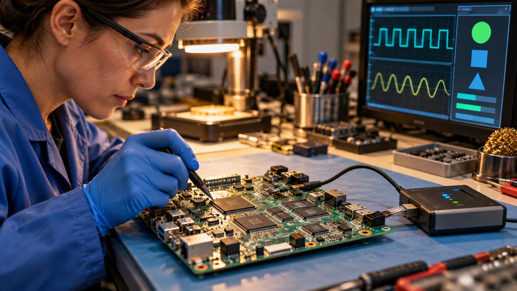 Electronics technician examining a motherboard and firmware programming tool on a repair bench