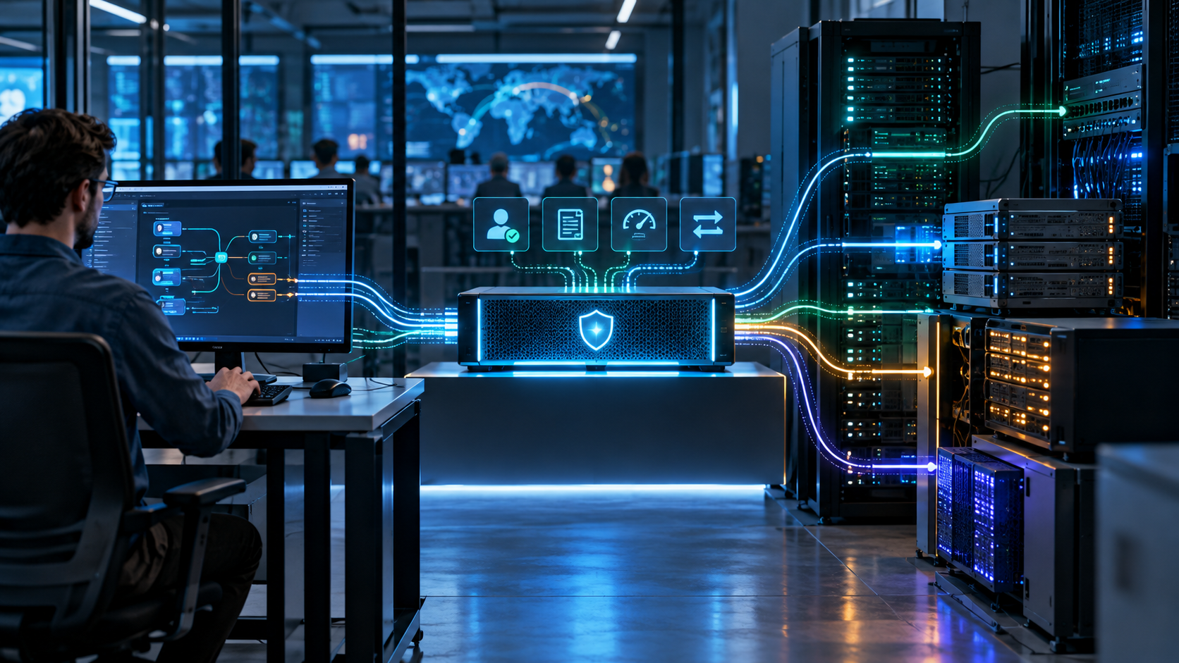 Central API gateway appliance connecting a developer workstation to several distinct backend service racks
