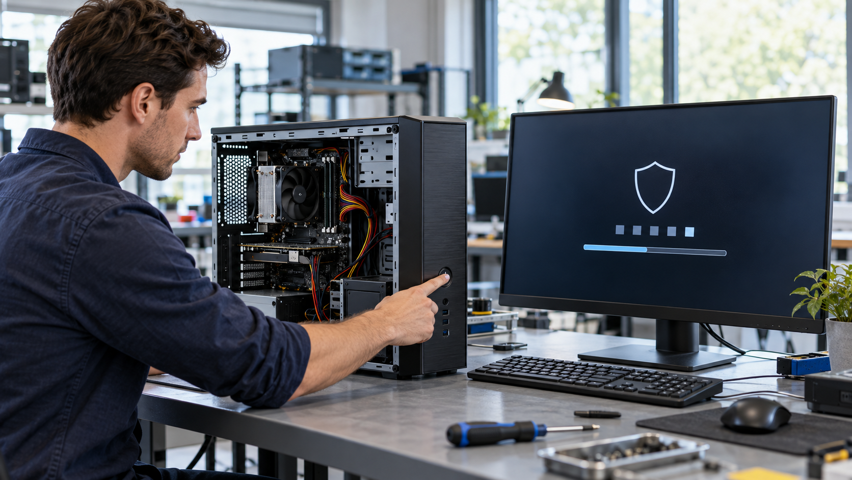 Technician powering on an open desktop computer with a generic secure boot verification display
