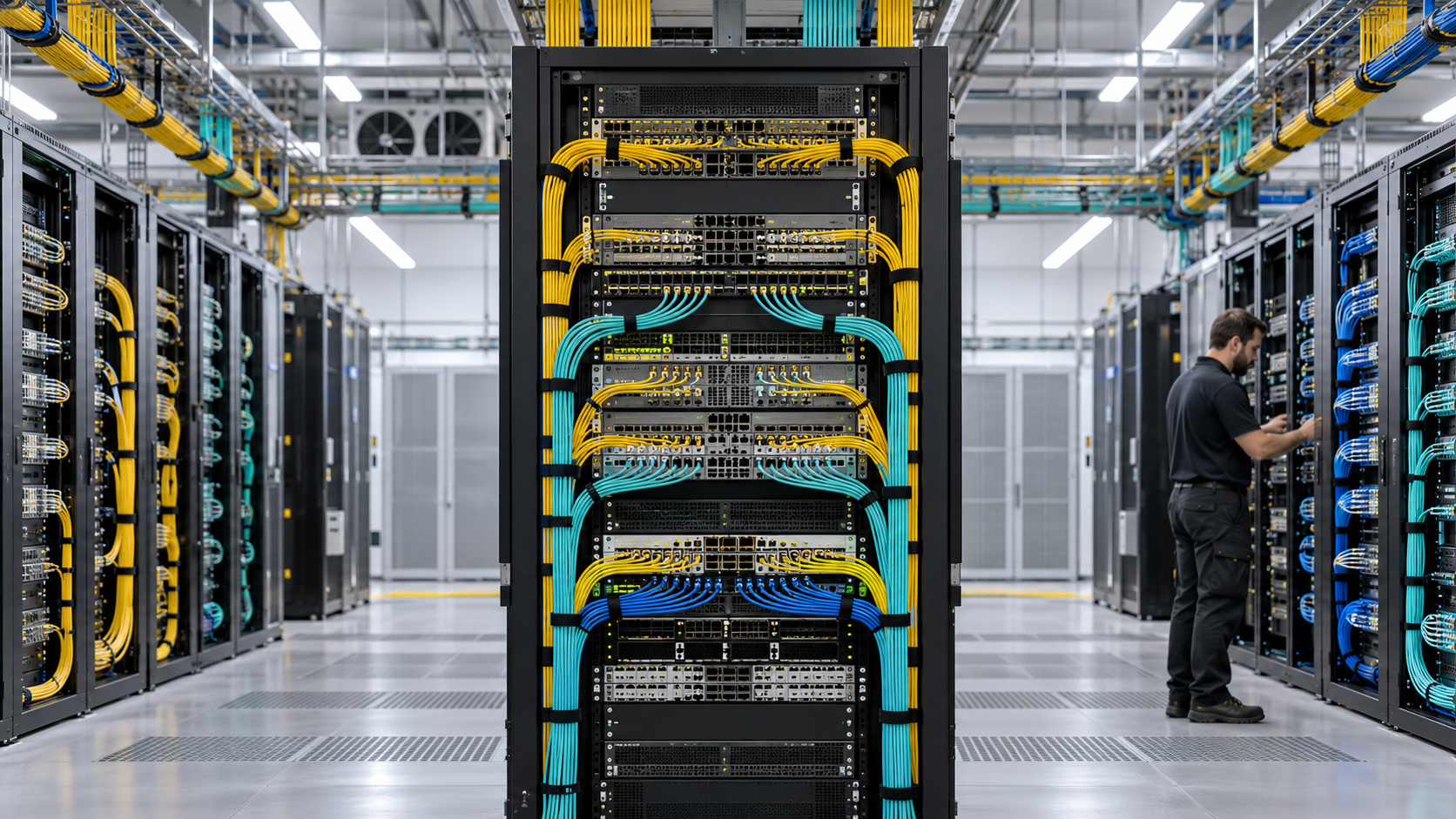 Central switching rack and fiber cross-connects inside a neutral Internet exchange facility
