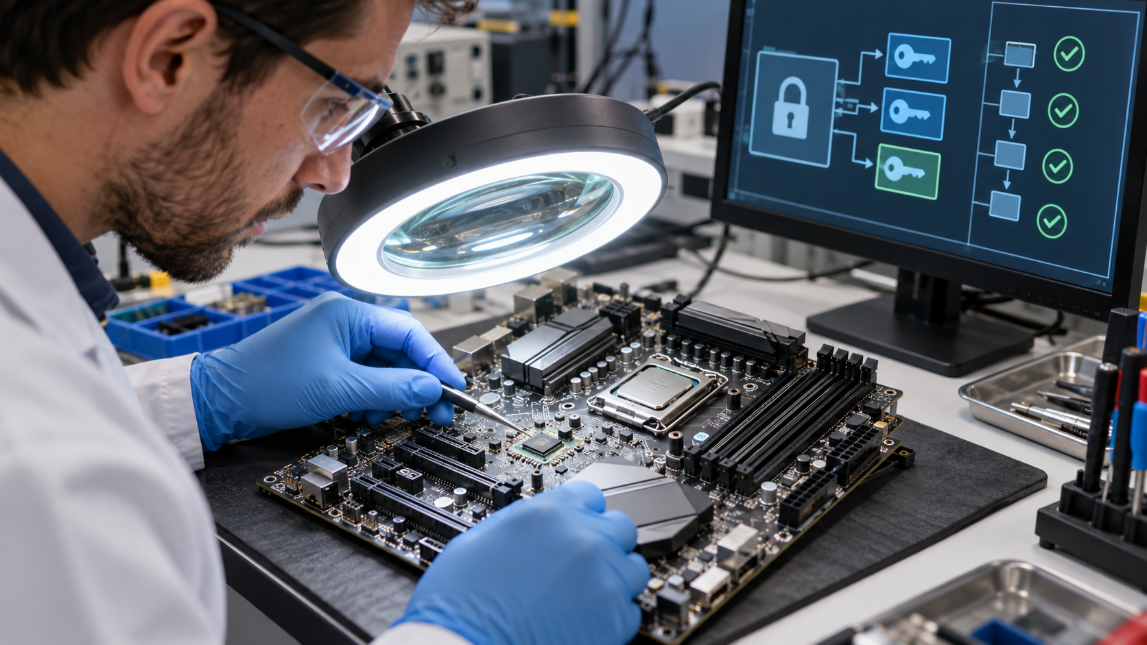 Technician examining a motherboard security module with abstract key and boot-measurement indicators