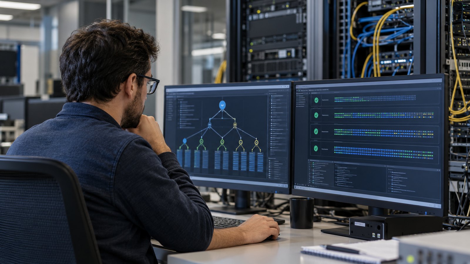 Network engineer reviewing signed DNS records and domain infrastructure in a secure operations room