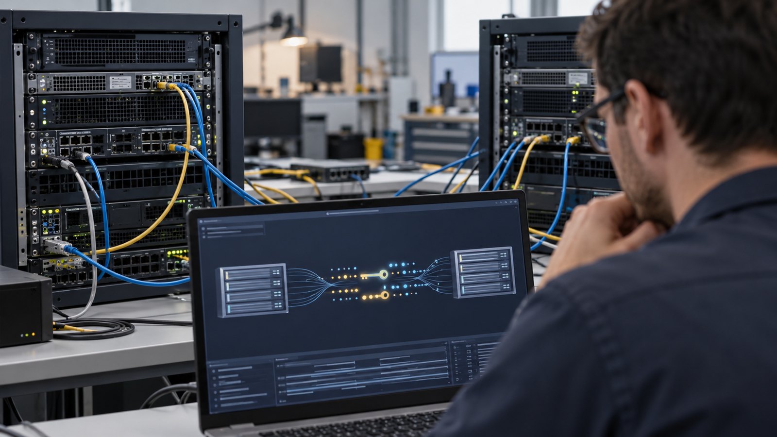Security engineer monitoring an encrypted connection between a laptop and data center servers