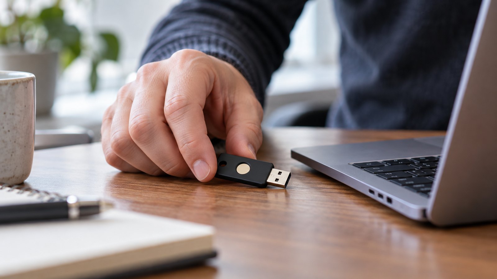 Person touching a generic USB hardware security key beside a laptop