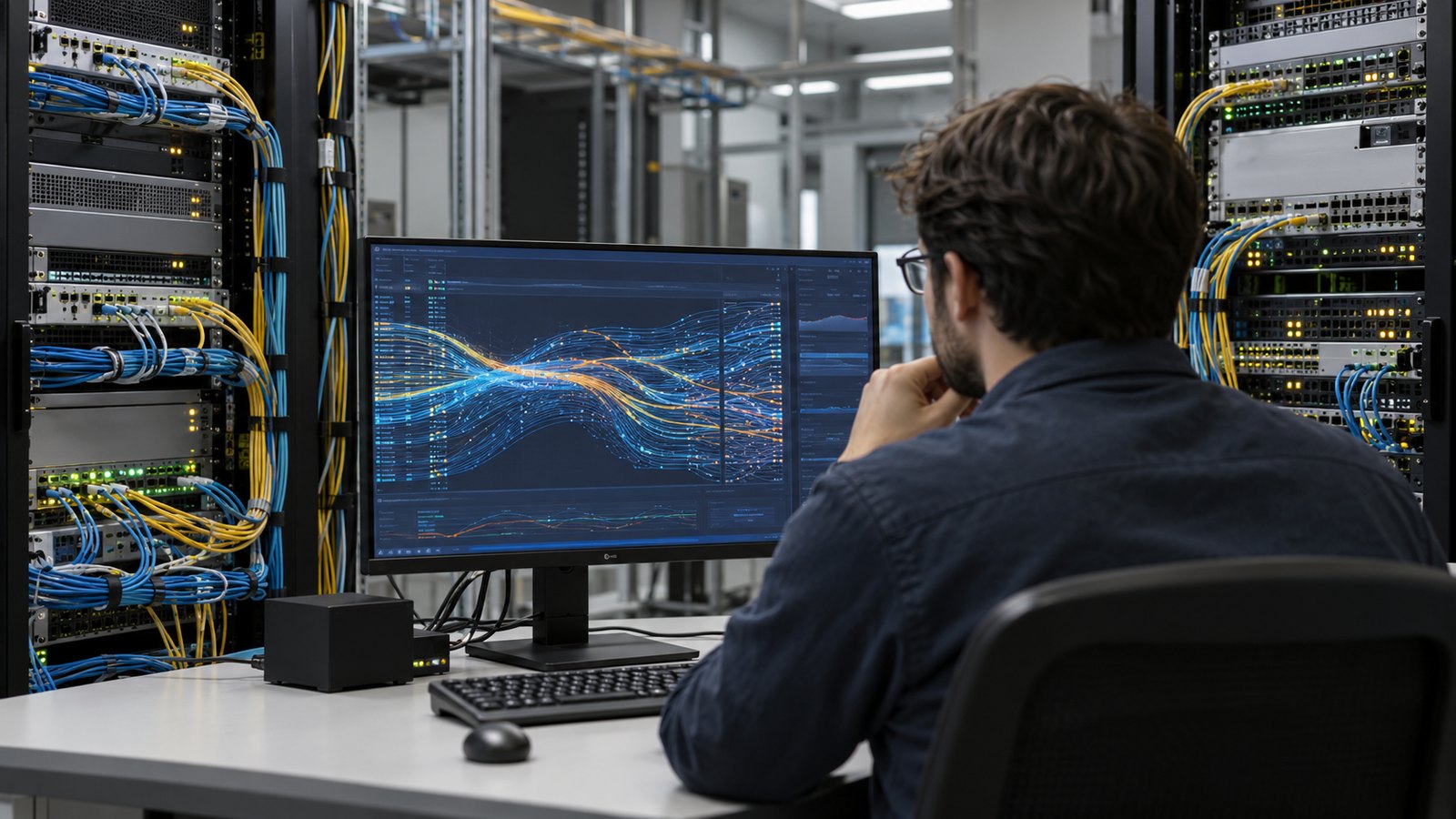 Network engineer studying encrypted traffic flows in a modern server room