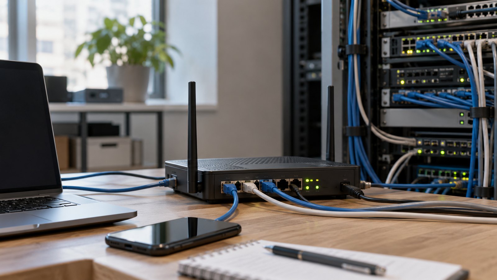 Office router connecting private laptops and phones to public network infrastructure