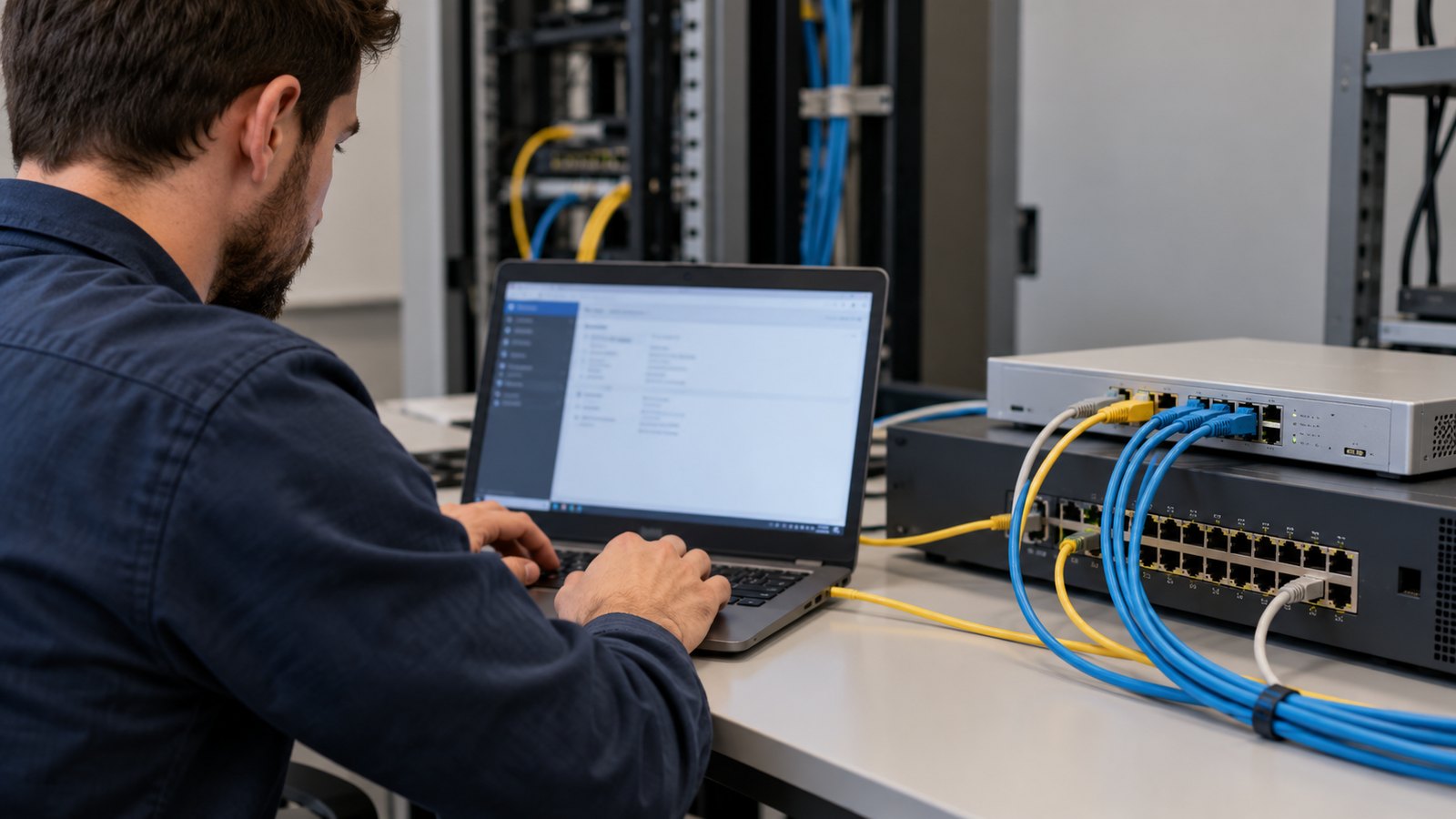 Network administrator configuring an office address server with connected devices
