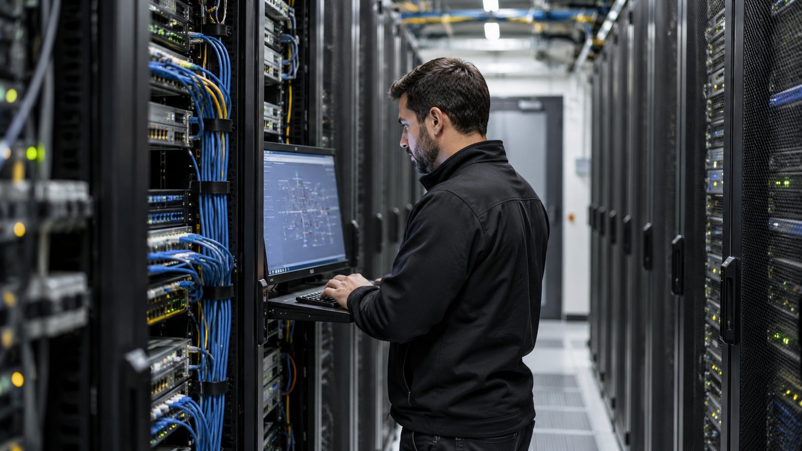 Network architect reviewing IPv6 address plans across routers and server racks