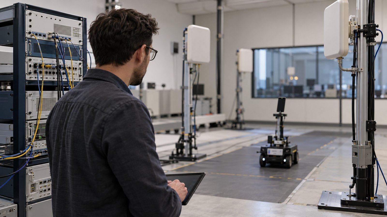 Mobile network engineer tracking a smartphone connection between cellular towers