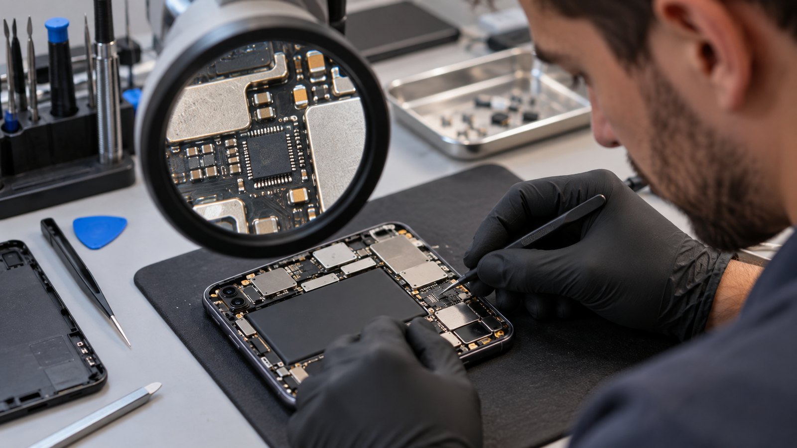 Technician activating a smartphone embedded SIM profile in a mobile service workspace