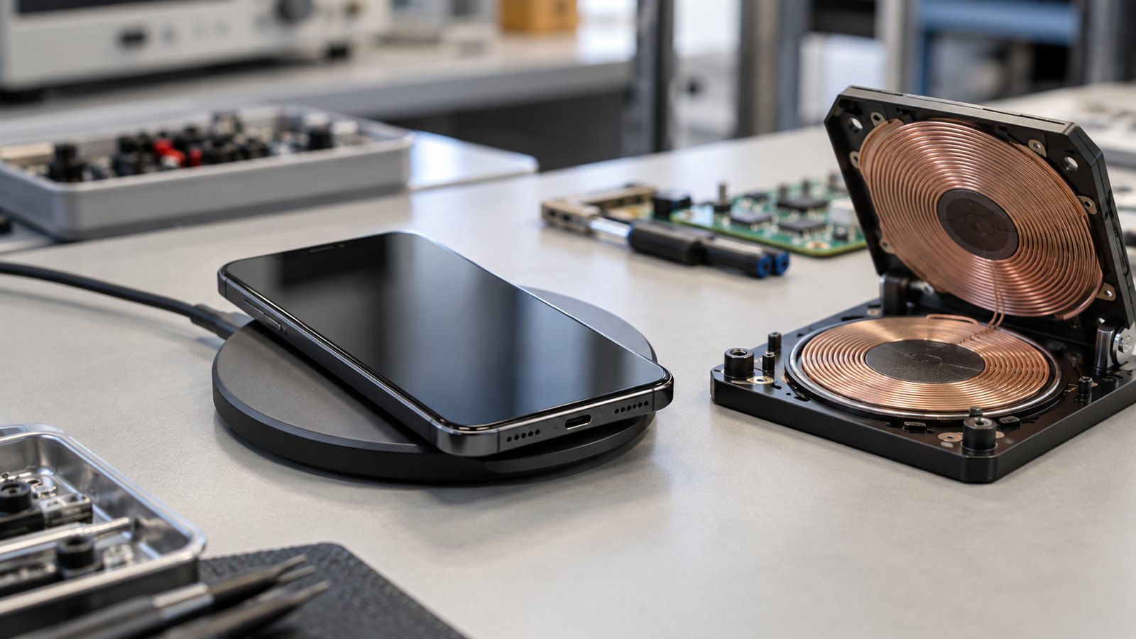 Smartphone centered on a generic wireless charging pad in a modern workspace