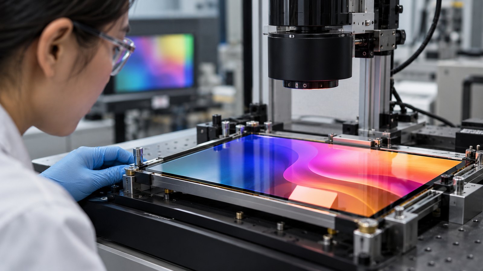 Display engineer inspecting illuminated OLED panels and individual colored pixels