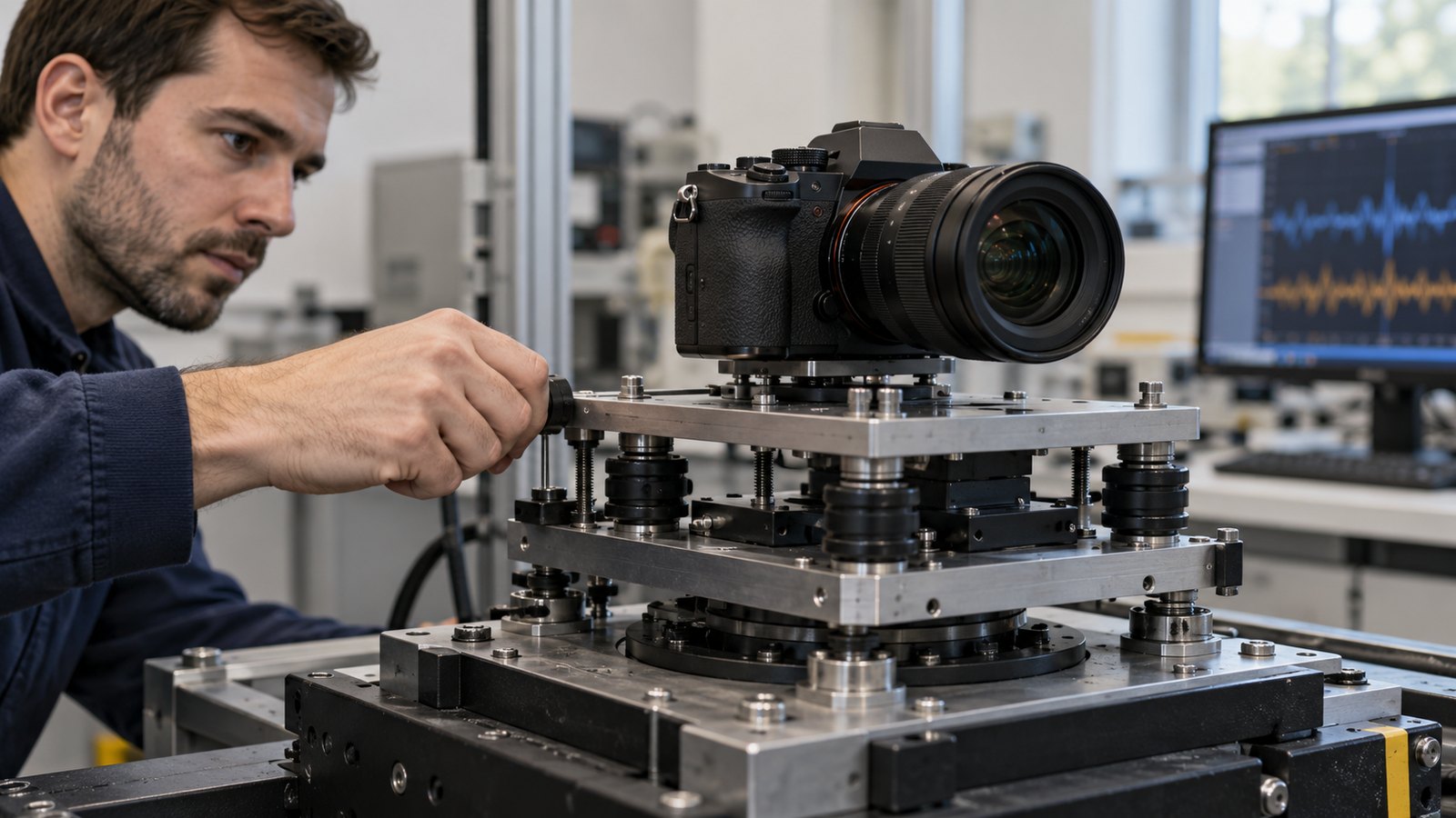 Camera technician examining a stabilized lens and sensor mechanism on a workbench