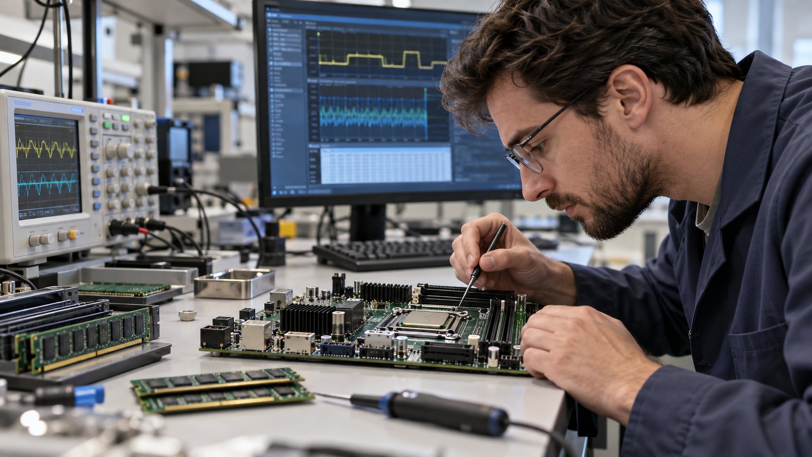 Hardware engineer studying a processor package and memory hierarchy diagrams