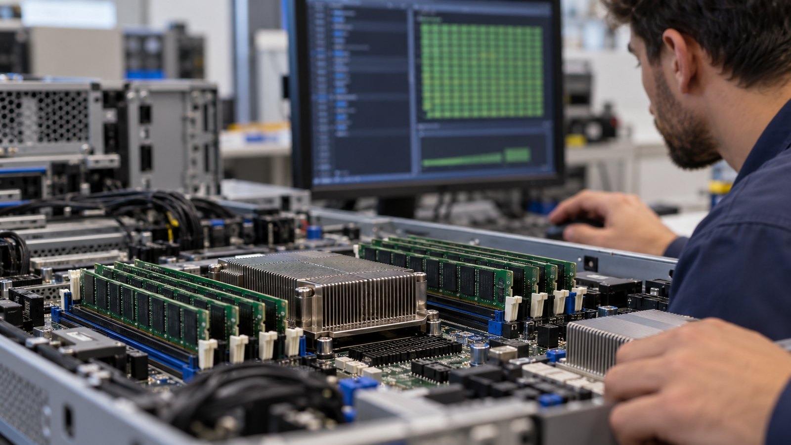 Data center technician installing error-correcting memory modules in a server