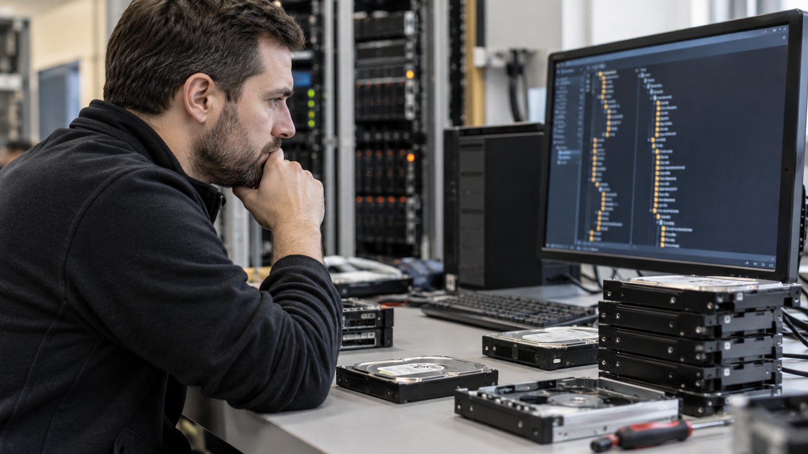 Systems engineer examining storage drives and a visual file organization map