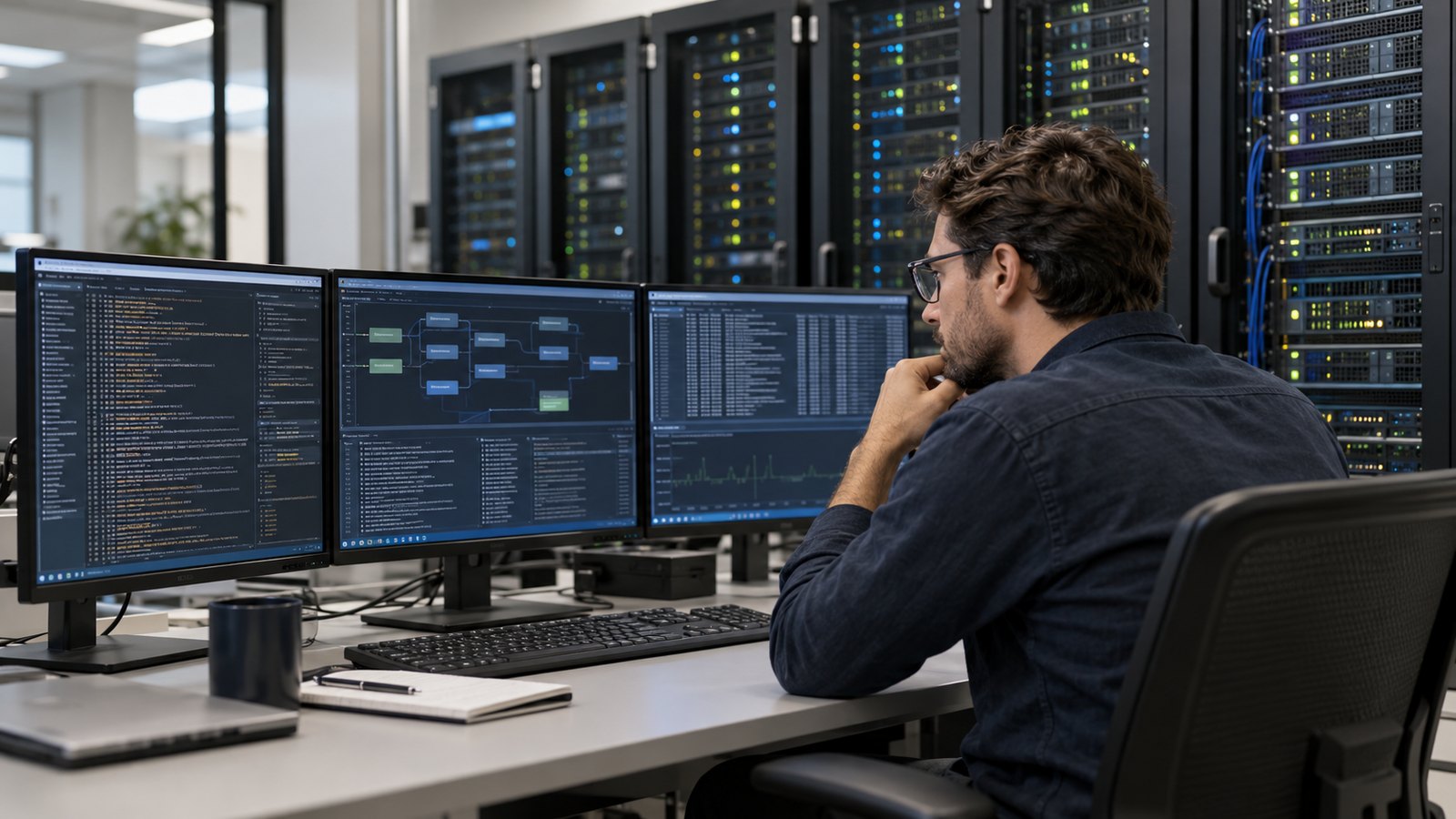 Database engineer reviewing transaction activity across redundant servers